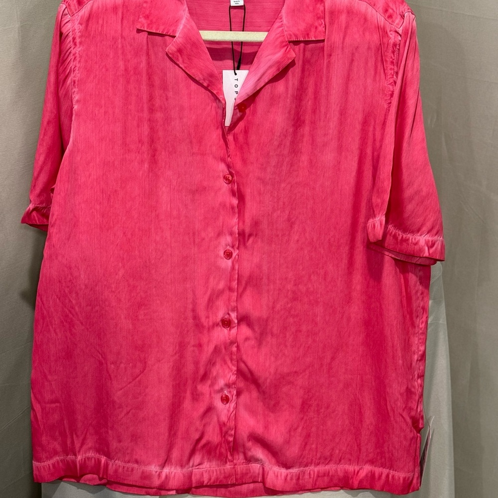 Topshop Pink Boxy 3/4 Sleeve Button Down Shirt